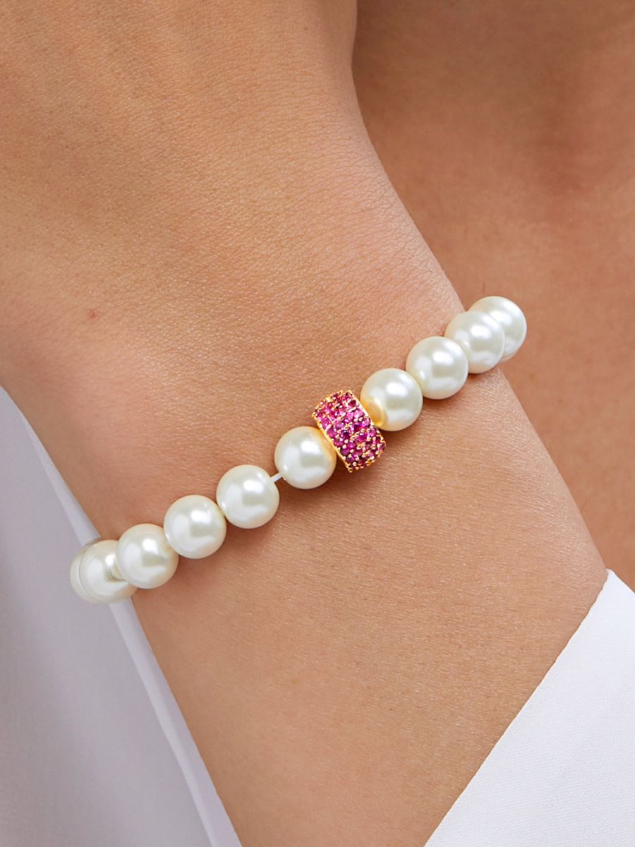 Copper Cubic Zirconia White Gold Pearl Beads Stretchable Bracelet Bulk