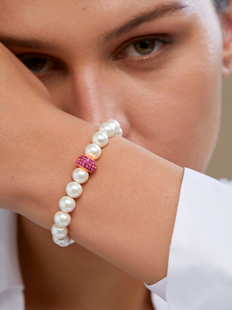 Copper Cubic Zirconia White Gold Pearl Beads Stretchable Bracelet Bulk