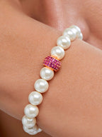 Copper Cubic Zirconia White Gold Pearl Beads Stretchable Bracelet Bulk