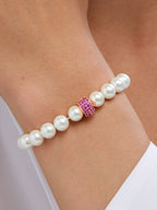 Copper Cubic Zirconia White Gold Pearl Beads Stretchable Bracelet Bulk