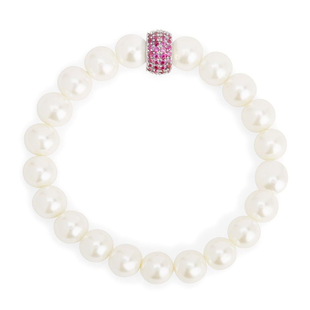 Copper Cubic Zirconia White Gold Pearl Beads Stretchable Bracelet Bulk
