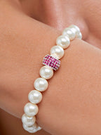 Copper Cubic Zirconia White Gold Pearl Beads Stretchable Bracelet Bulk