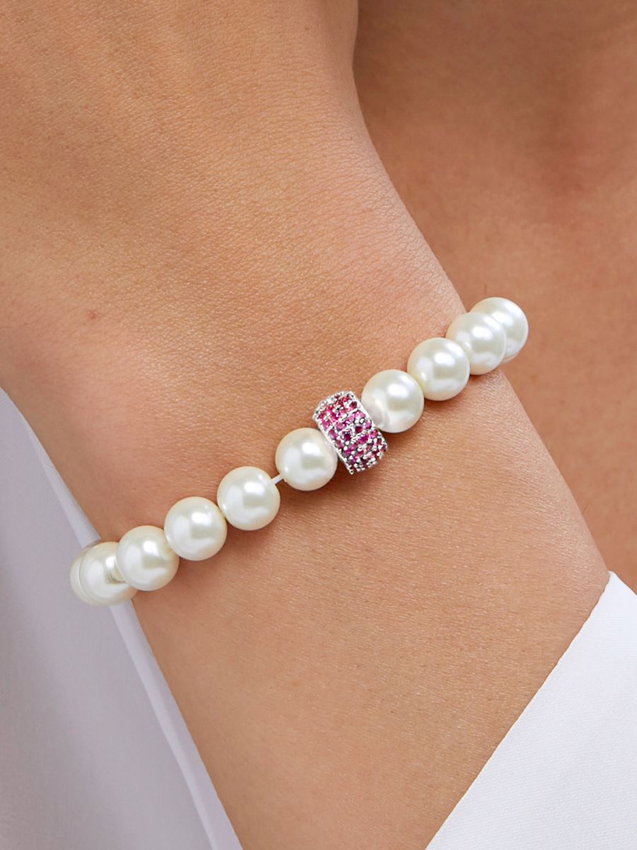 Copper Cubic Zirconia White Gold Pearl Beads Stretchable Bracelet Bulk