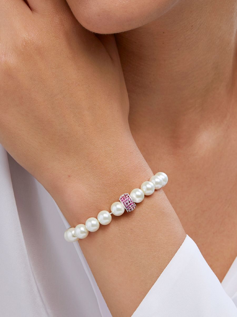 Copper Cubic Zirconia White Gold Pearl Beads Stretchable Bracelet Bulk