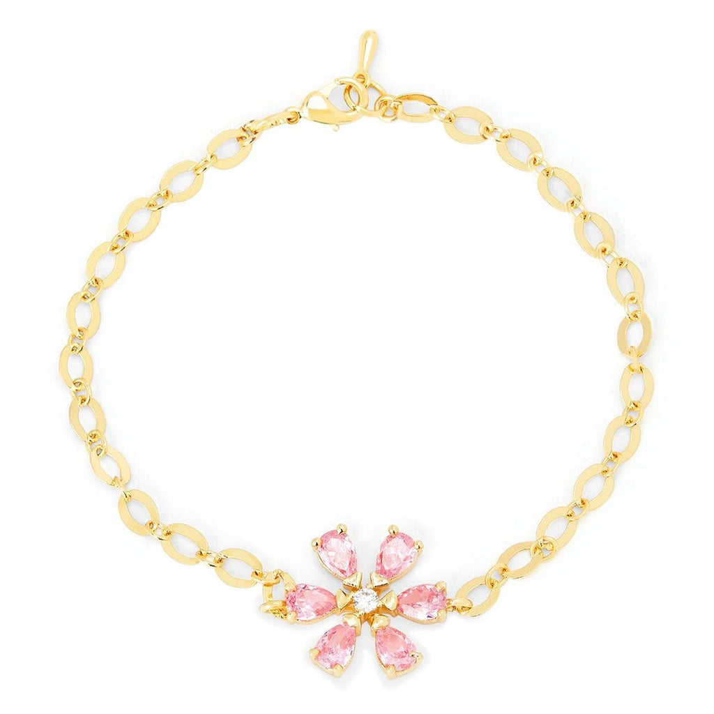 Copper CZ Pear Cut Crystal Pink Gold Flower Link Chain Bracelet Bulk