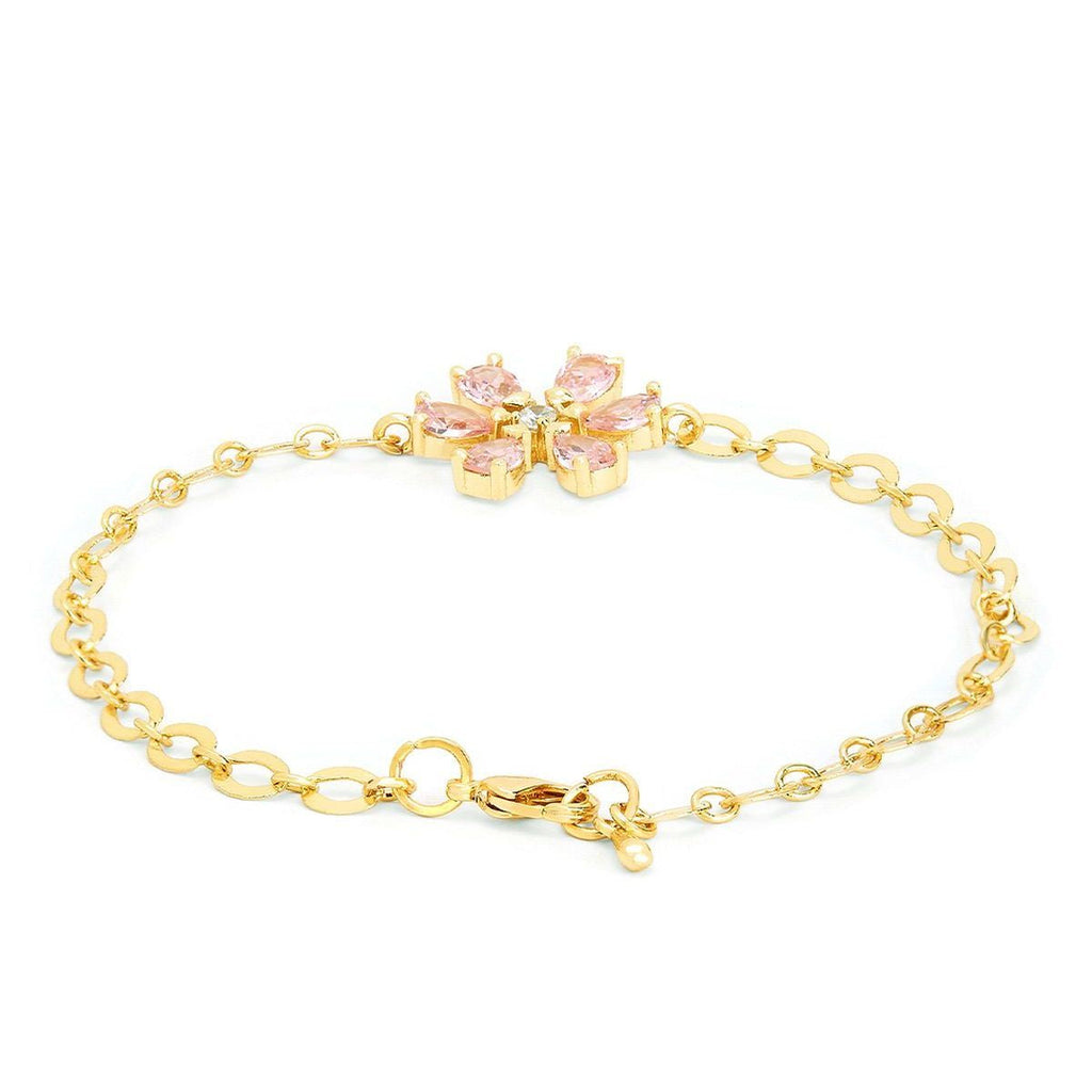 Copper CZ Pear Cut Crystal Pink Gold Flower Link Chain Bracelet Bulk