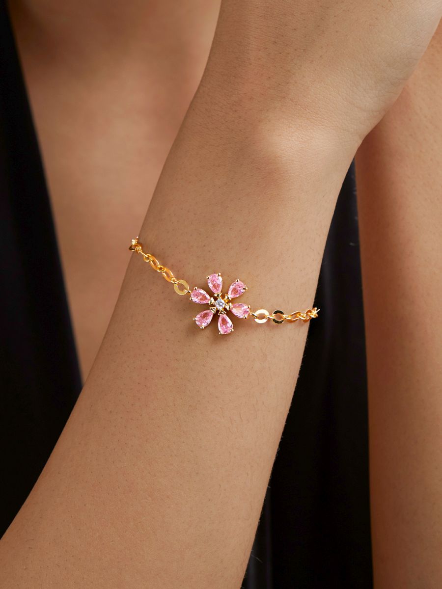 Copper CZ Pear Cut Crystal Pink Gold Flower Link Chain Bracelet Bulk