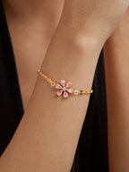 Copper CZ Pear Cut Crystal Pink Gold Flower Link Chain Bracelet Bulk