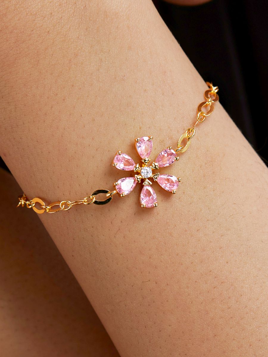 Copper CZ Pear Cut Crystal Pink Gold Flower Link Chain Bracelet Bulk