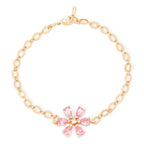 Copper CZ Pear Cut Crystal Pink Gold Flower Link Chain Bracelet Bulk