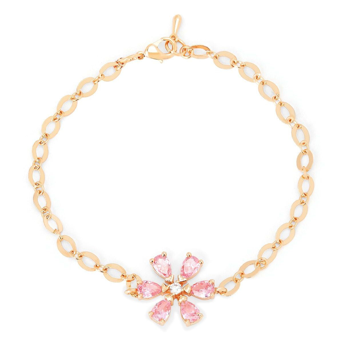Copper CZ Pear Cut Crystal Pink Gold Flower Link Chain Bracelet Bulk