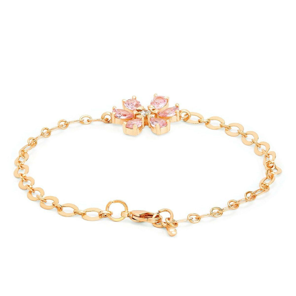 Copper CZ Pear Cut Crystal Pink Gold Flower Link Chain Bracelet Bulk