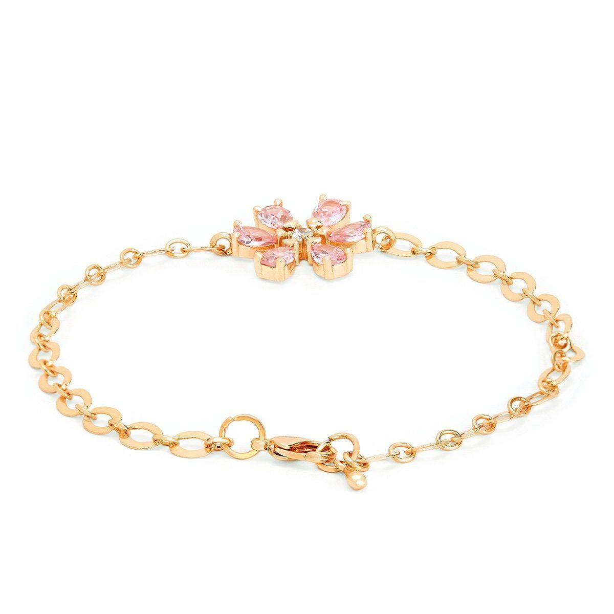 Copper CZ Pear Cut Crystal Pink Gold Flower Link Chain Bracelet Bulk