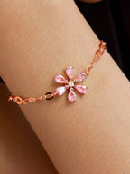 Copper CZ Pear Cut Crystal Pink Gold Flower Link Chain Bracelet Bulk