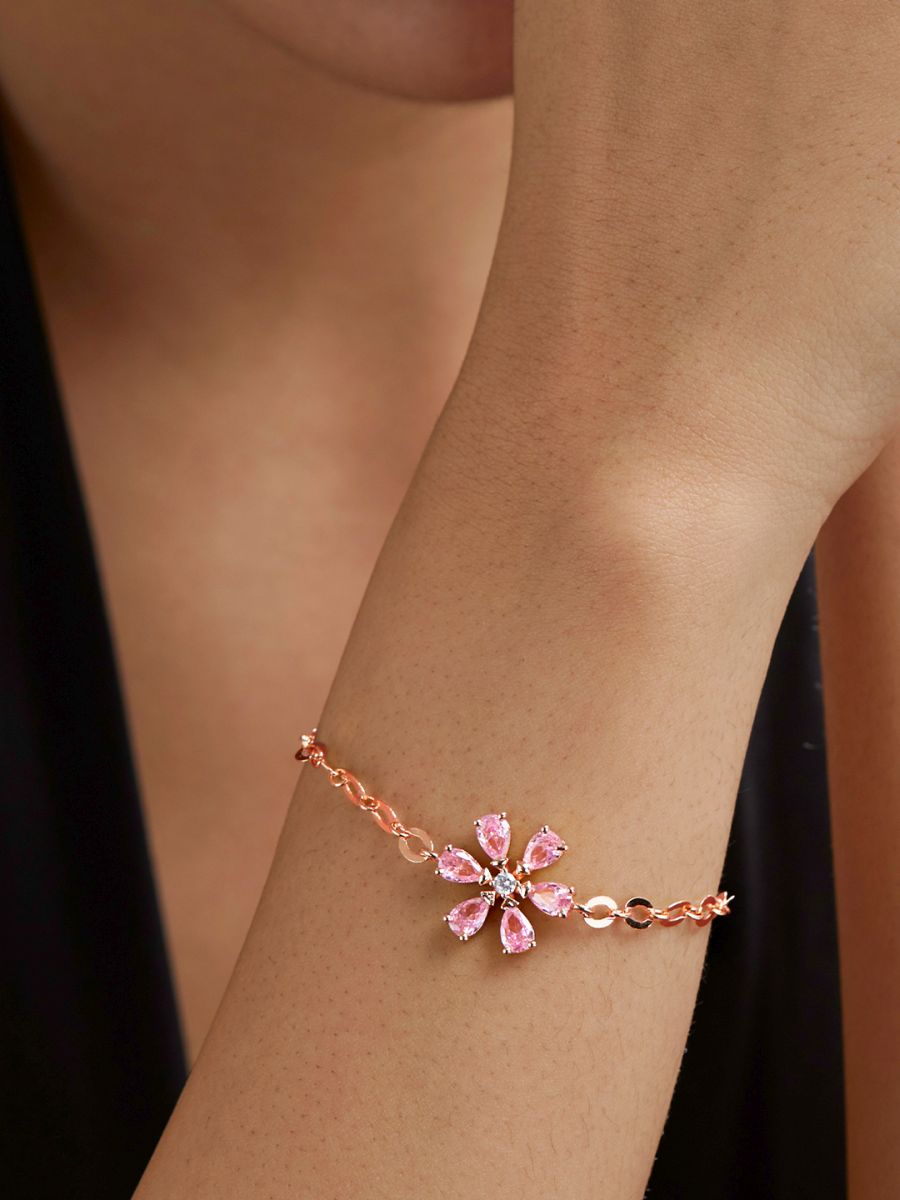 Copper CZ Pear Cut Crystal Pink Gold Flower Link Chain Bracelet Bulk