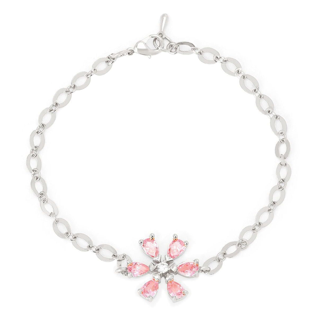 Copper CZ Pear Cut Crystal Pink Gold Flower Link Chain Bracelet Bulk