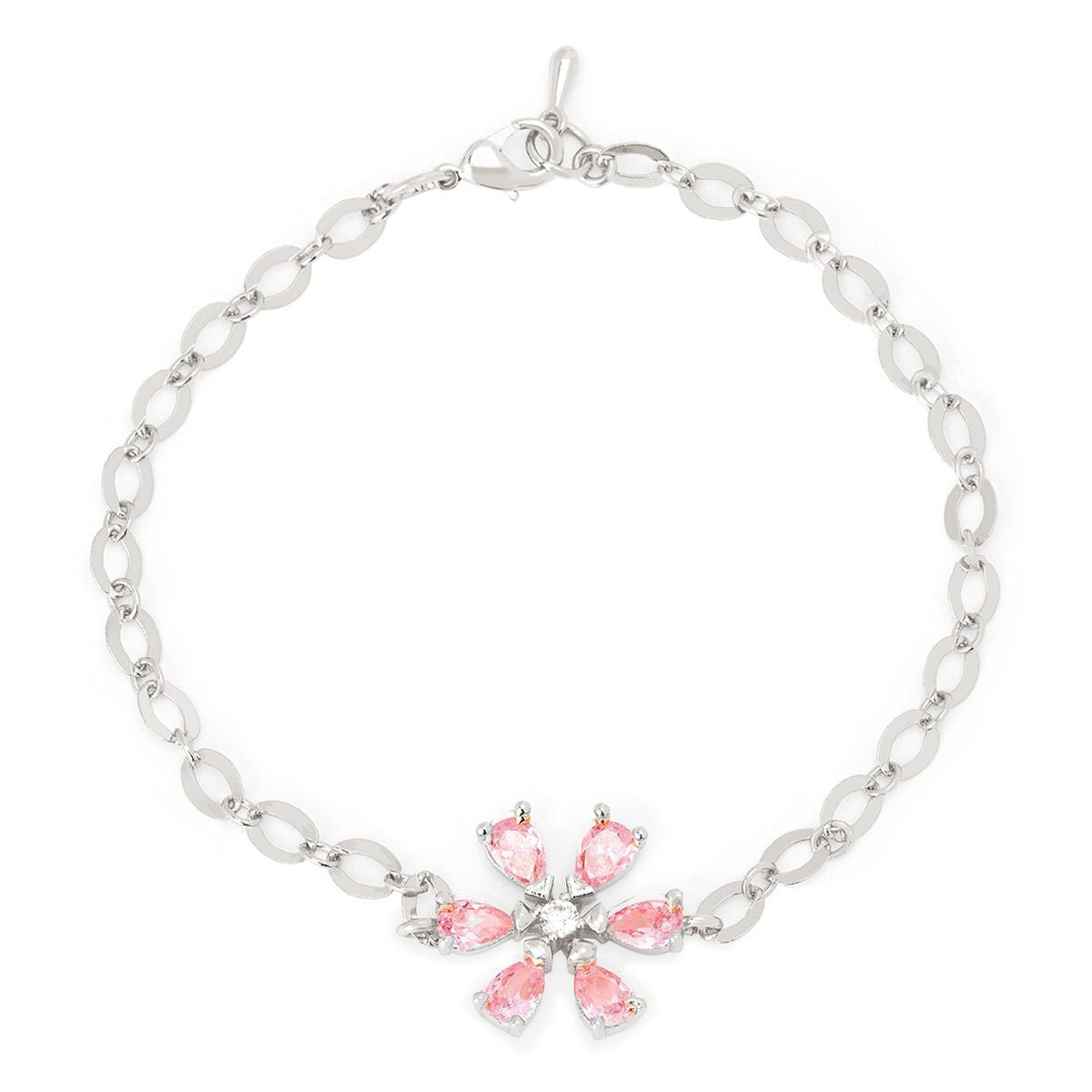 Copper CZ Pear Cut Crystal Pink Gold Flower Link Chain Bracelet Bulk