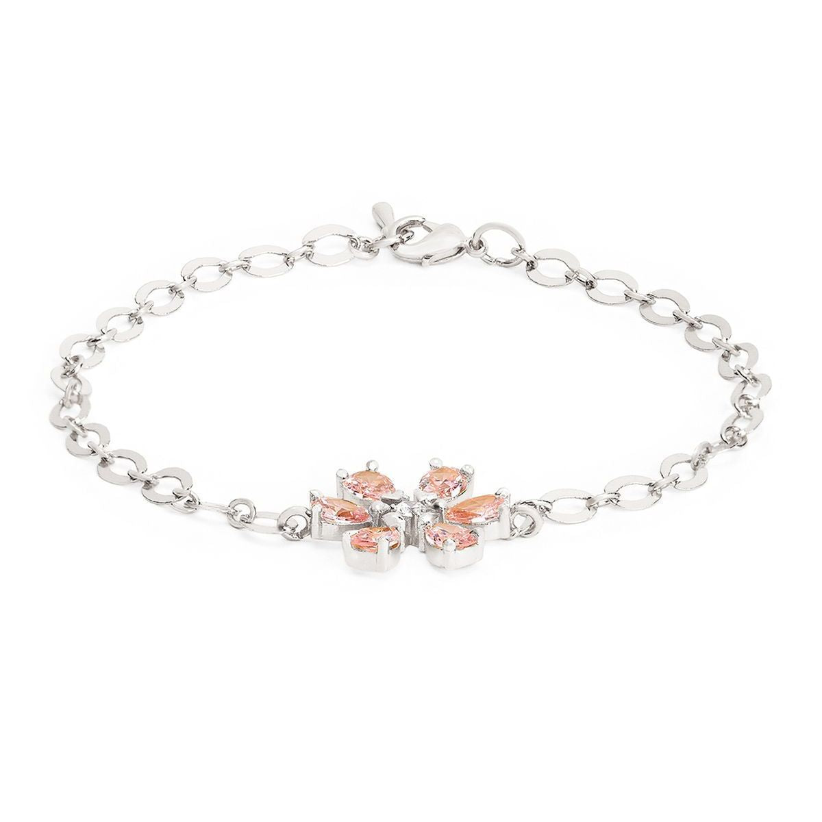 Copper CZ Pear Cut Crystal Pink Gold Flower Link Chain Bracelet Bulk