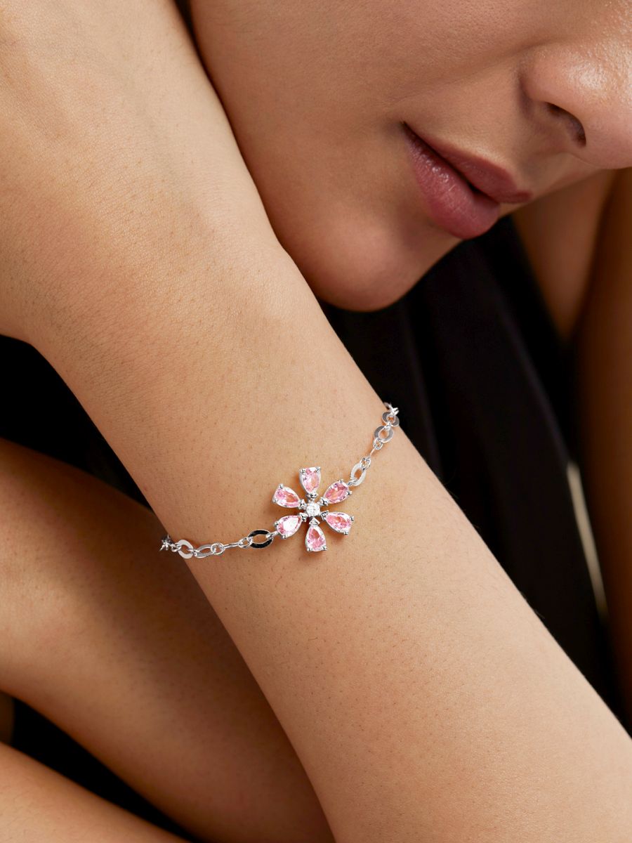 Copper CZ Pear Cut Crystal Pink Gold Flower Link Chain Bracelet Bulk