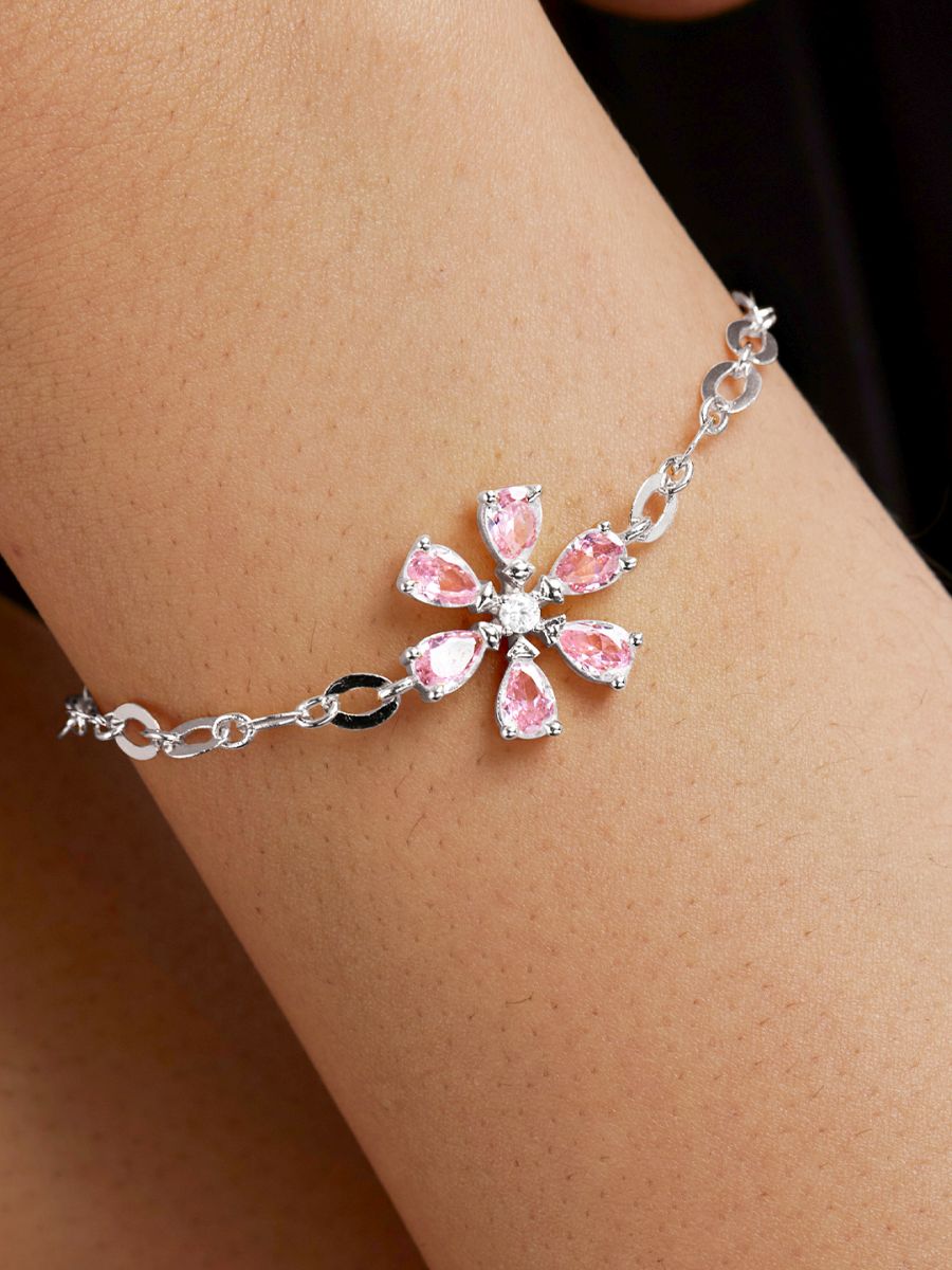 Copper CZ Pear Cut Crystal Pink Gold Flower Link Chain Bracelet Bulk