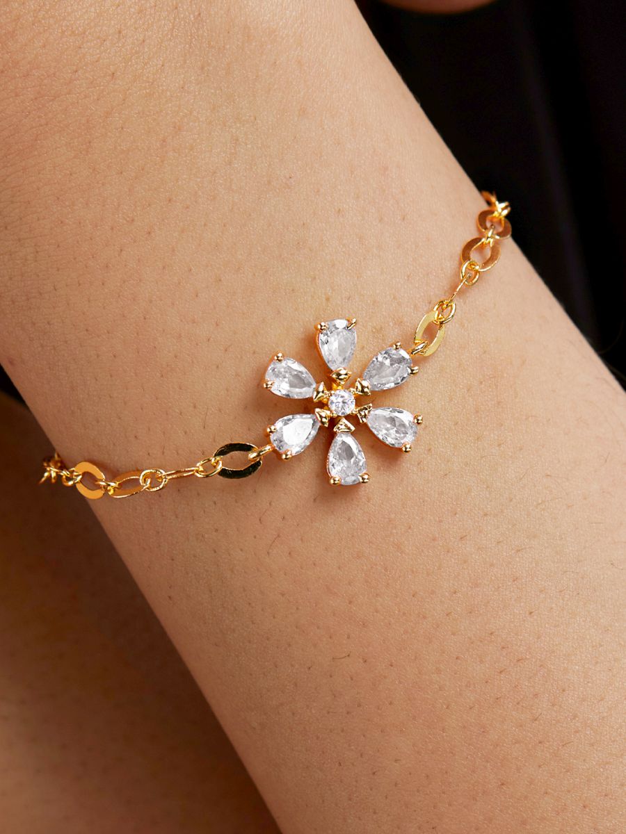 Copper Pear Cut CZ White Gold Flower Link Chain Bracelet Bulk