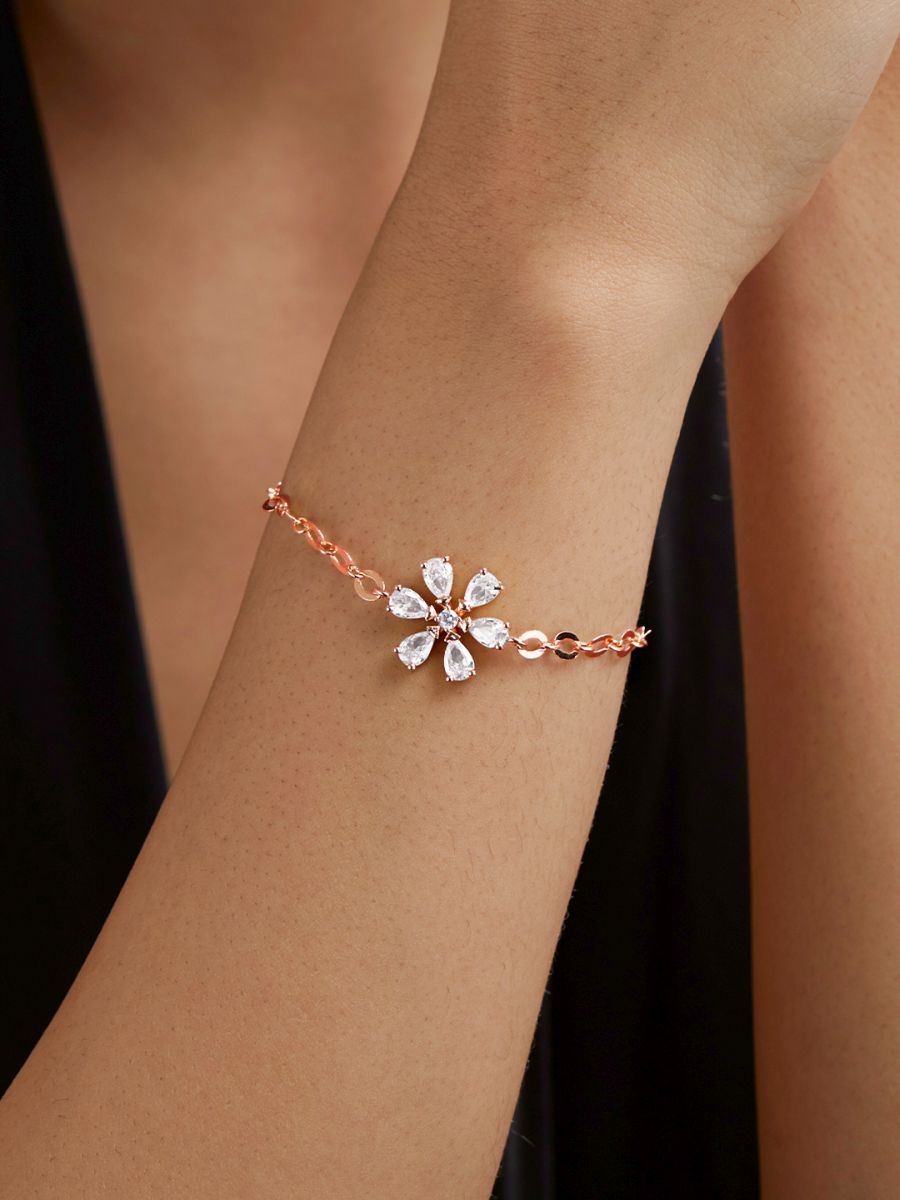 Copper Pear Cut CZ White Gold Flower Link Chain Bracelet Bulk