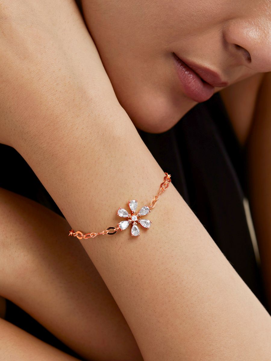 Copper Pear Cut CZ White Gold Flower Link Chain Bracelet Bulk