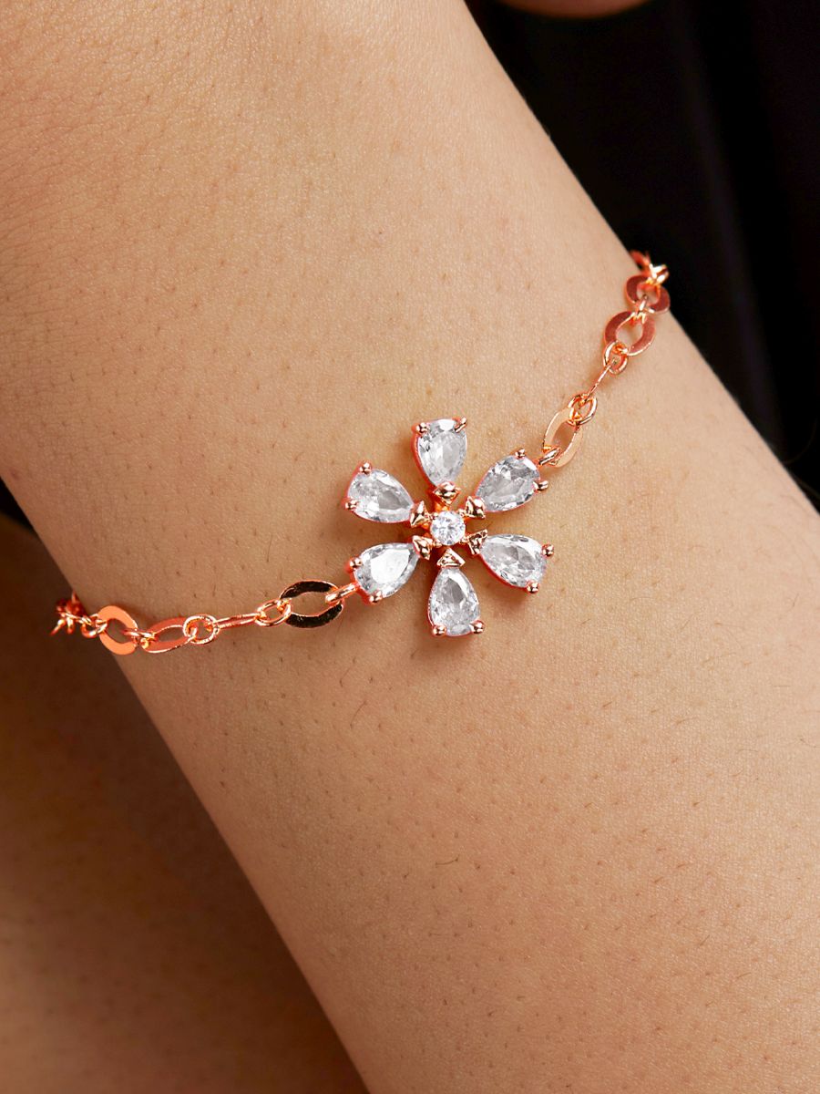 Copper Pear Cut CZ White Gold Flower Link Chain Bracelet Bulk