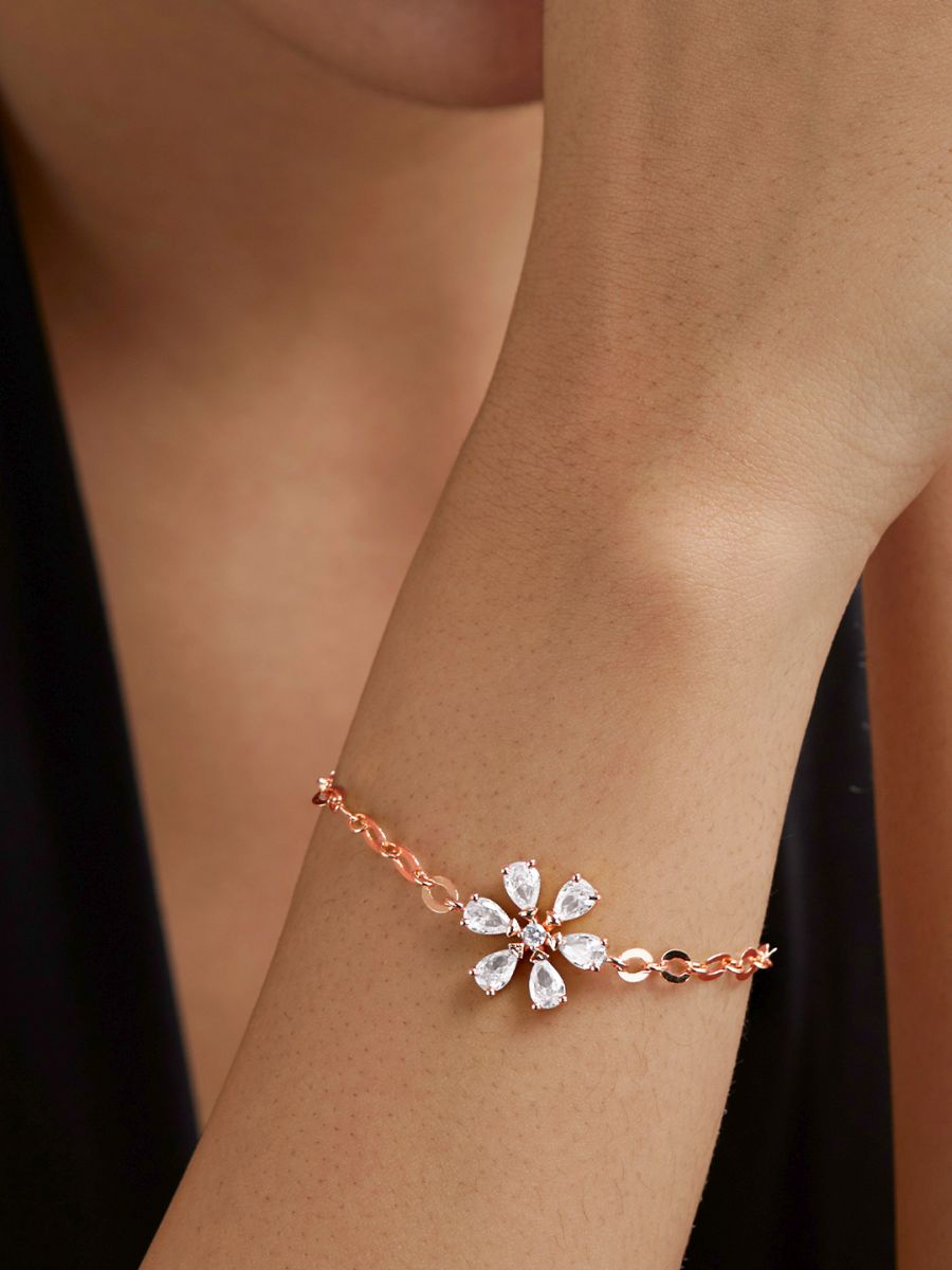 Copper Pear Cut CZ White Gold Flower Link Chain Bracelet Bulk