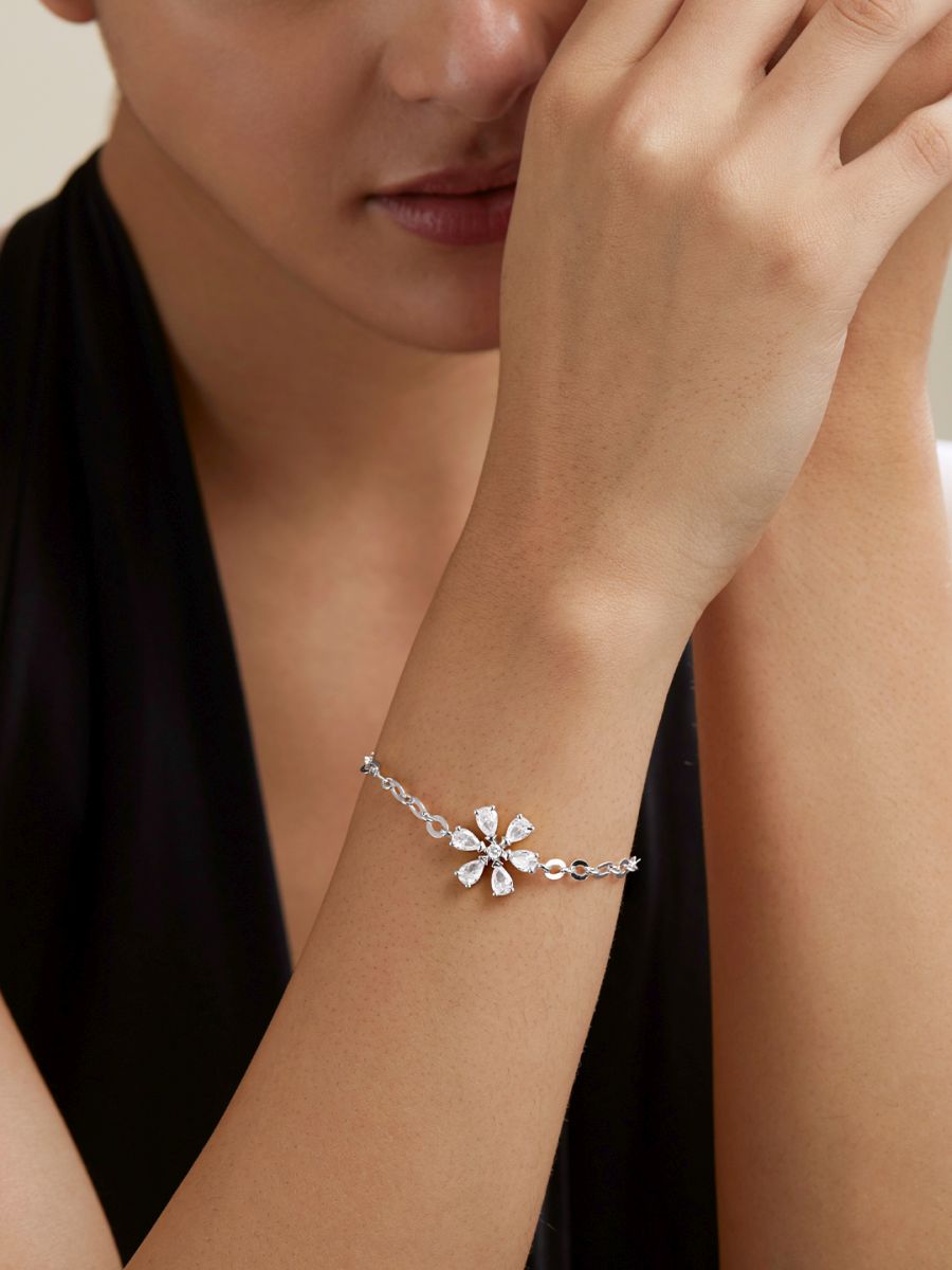 Copper Pear Cut CZ White Gold Flower Link Chain Bracelet Bulk