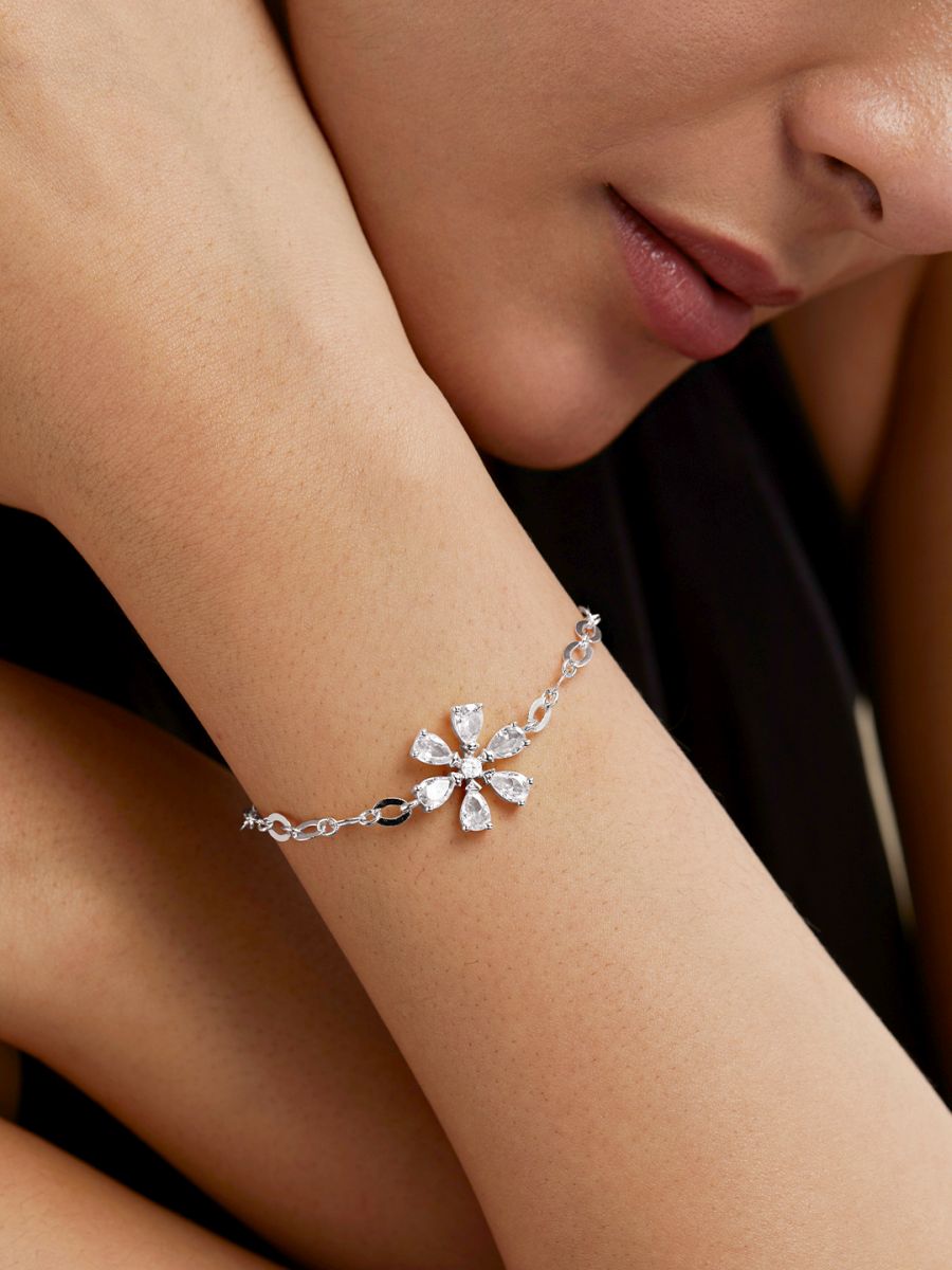 Copper Pear Cut CZ White Gold Flower Link Chain Bracelet Bulk