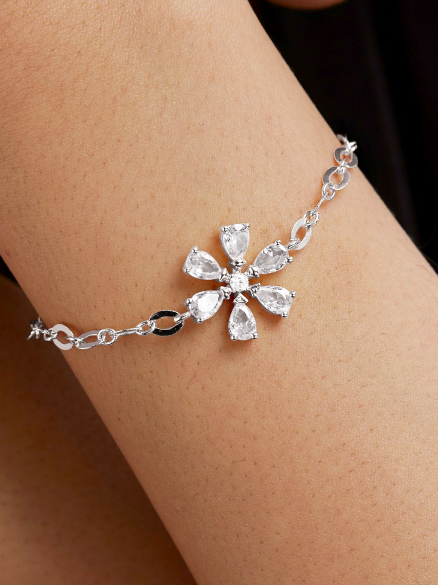 Copper Pear Cut CZ White Gold Flower Link Chain Bracelet Bulk