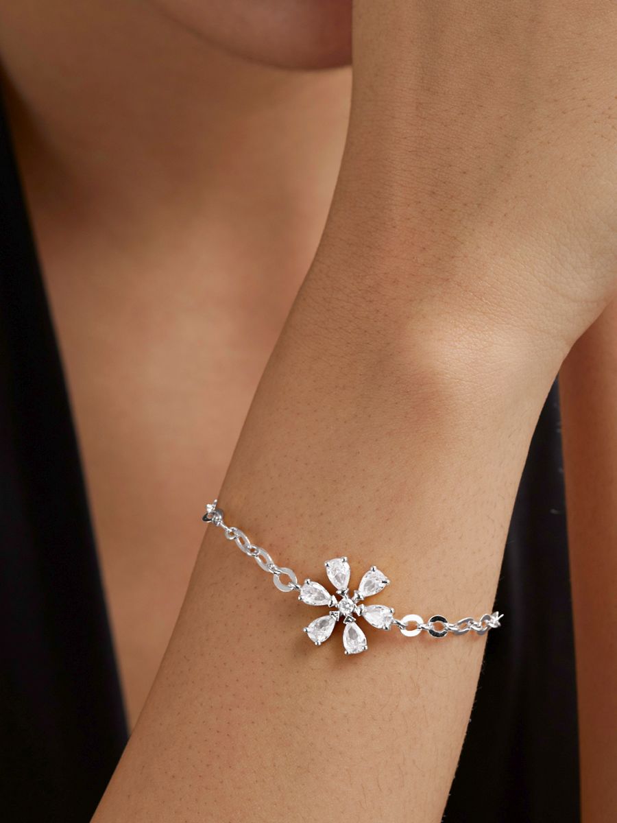 Copper Pear Cut CZ White Gold Flower Link Chain Bracelet Bulk