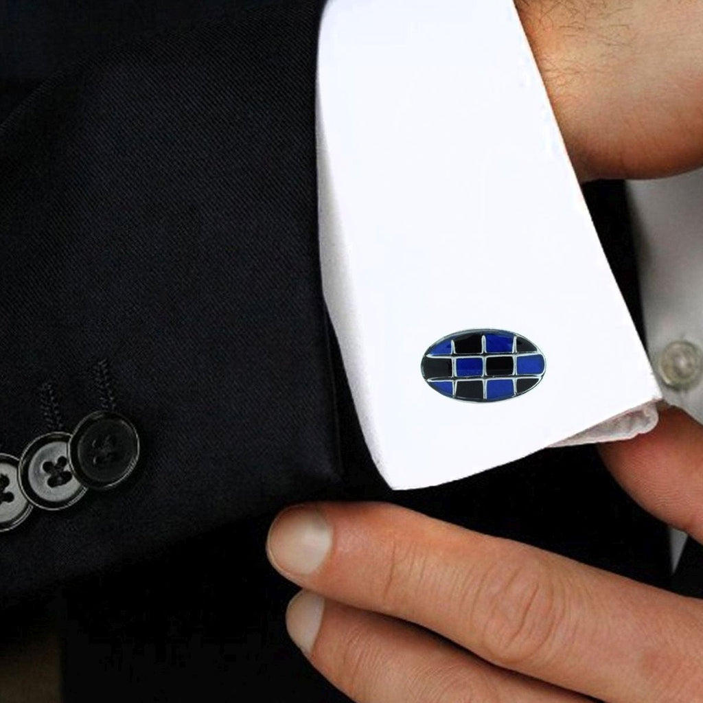 Oval Blue Checks Cufflinks In Box