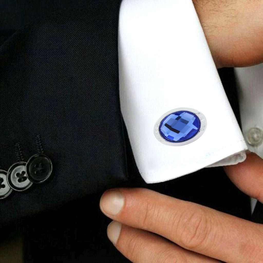 Oval Blue Crystal Cufflinks In Box Bulk