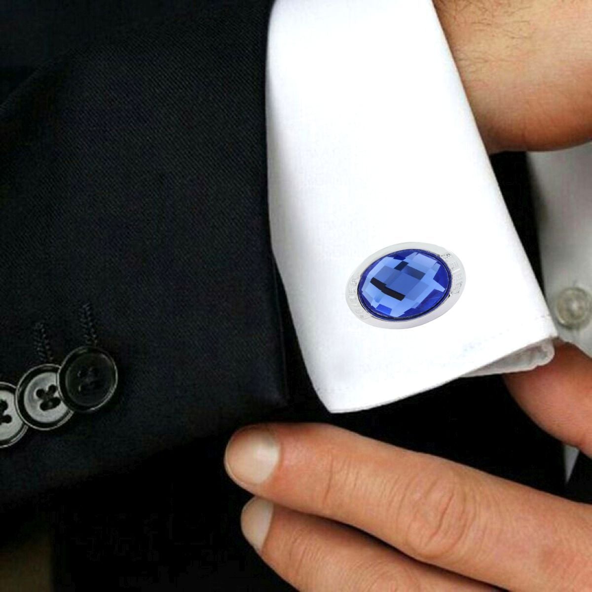 Oval Blue Crystal Cufflinks In Box Bulk