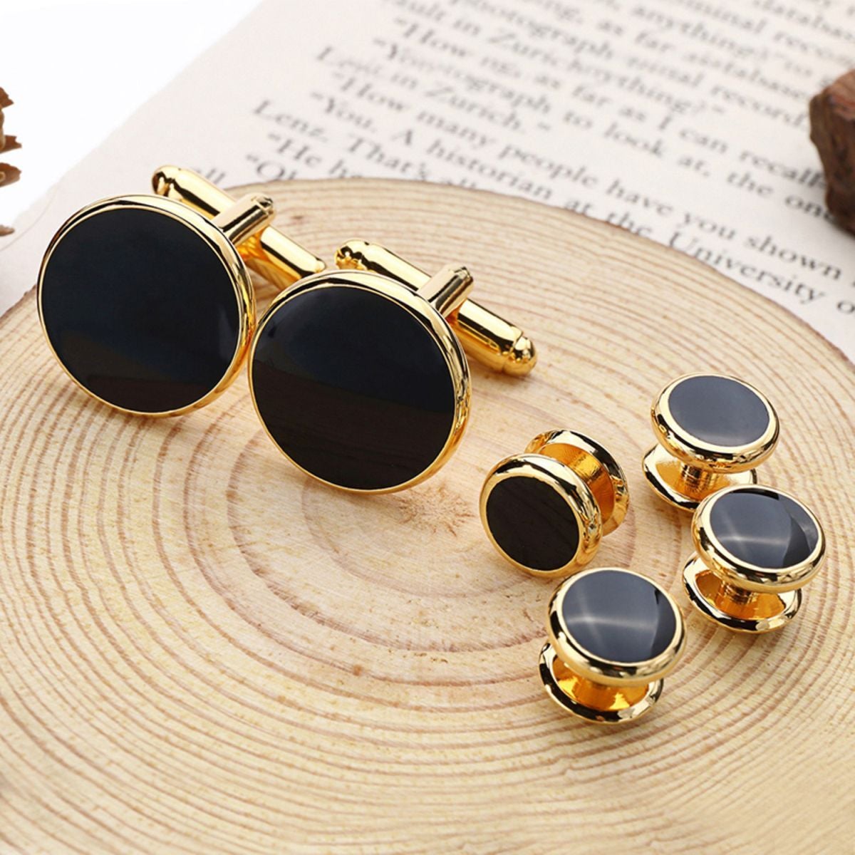 Gold Black Kurta Button Tuxedo Cufflinks In Box