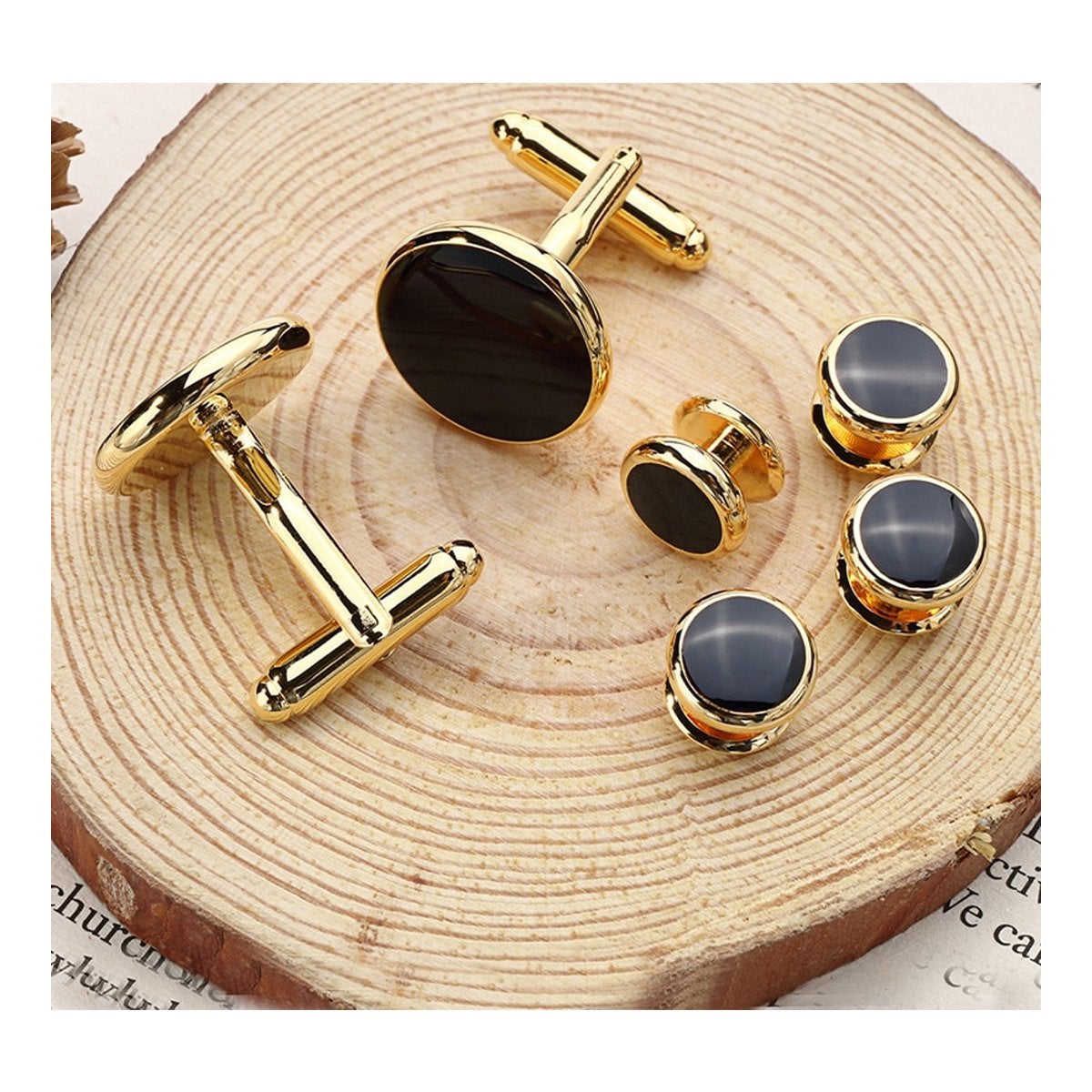 Gold Black Kurta Button Tuxedo Cufflinks In Box