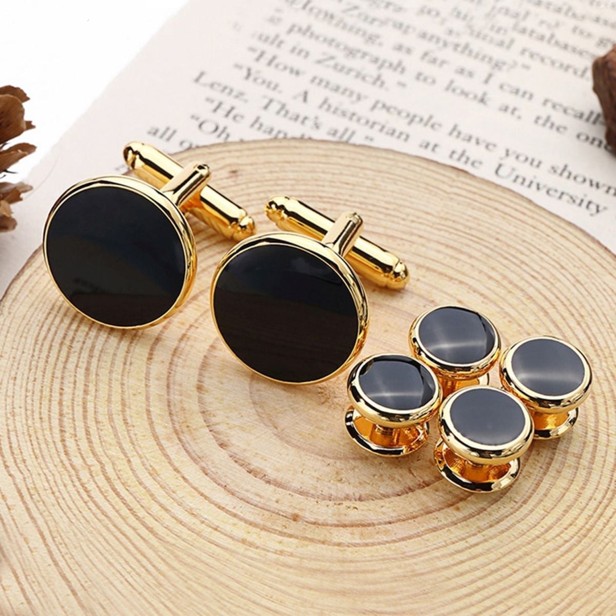 Gold Black Kurta Button Tuxedo Cufflinks In Box Main image