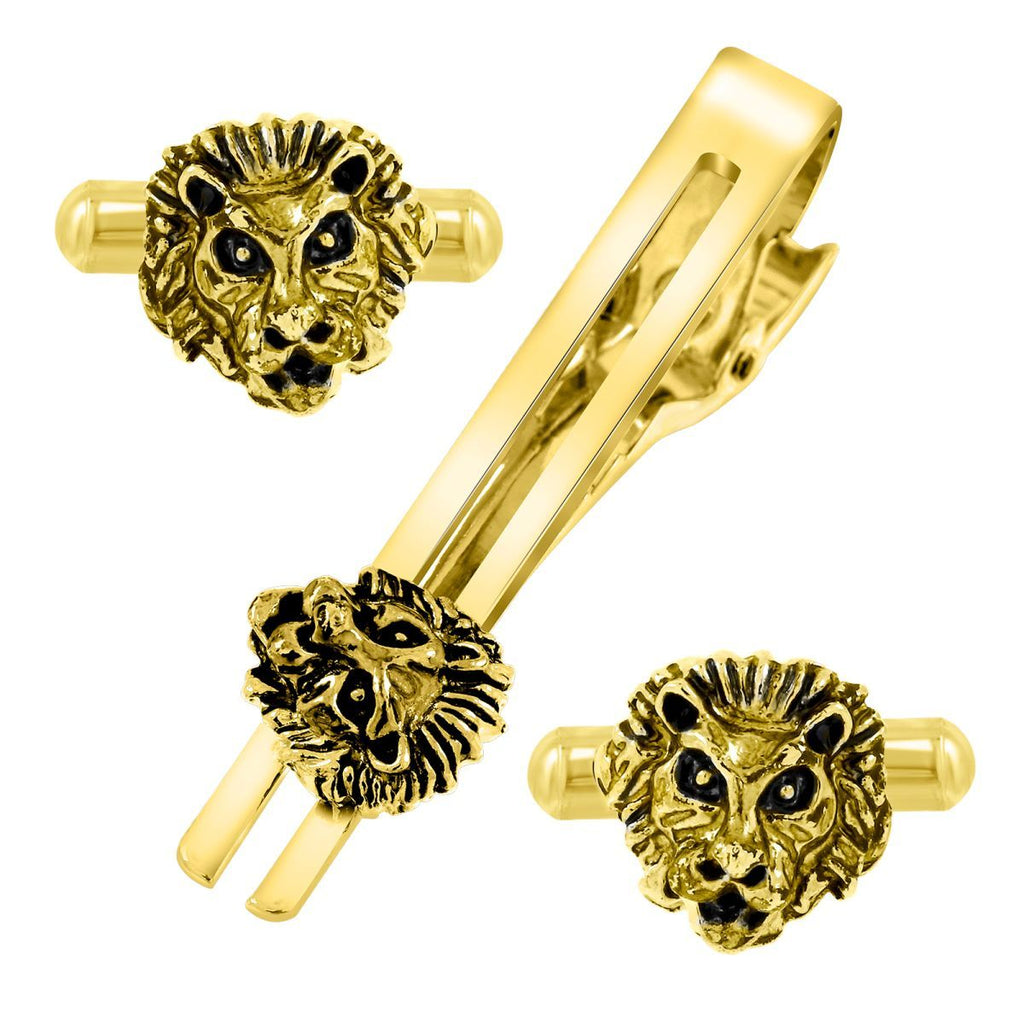 Lion Gold Oxidised Cufflinks Tie Pin Set Box Bulk