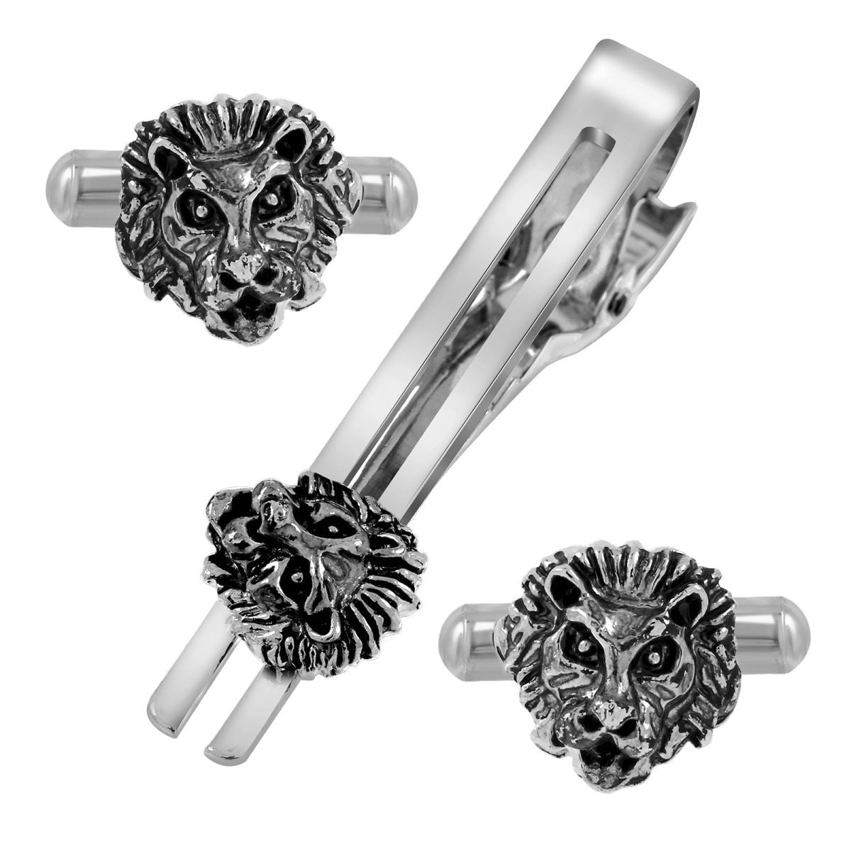 Oxidised Silver Lion Cufflinks Tie Pin Set In Box Bulk