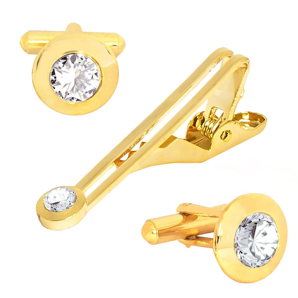 Round Diamond Gold Cufflinks Tie Pin Set In Box Bulk