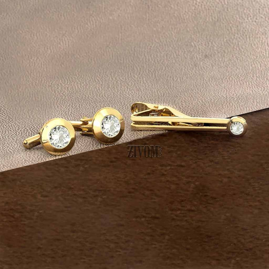 Round Diamond Gold Cufflinks Tie Pin Set In Box Bulk