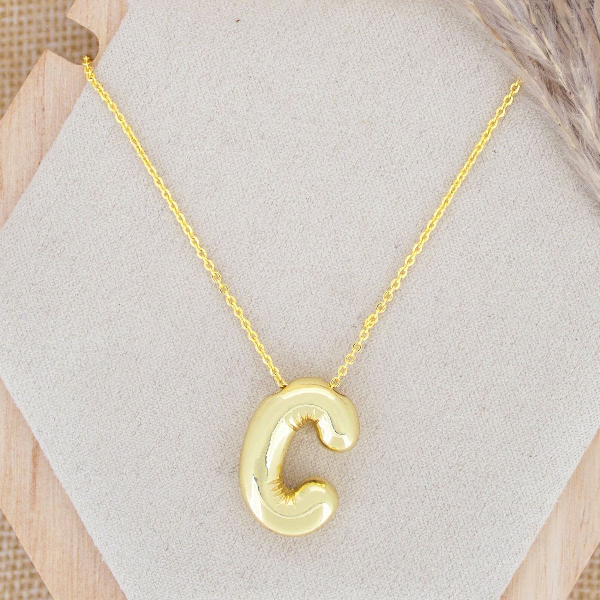 A Party Balloon Bubble Puffed Initial Alphabet Letter 18K Glossy Gold Anti Tarnish Pendant Chain