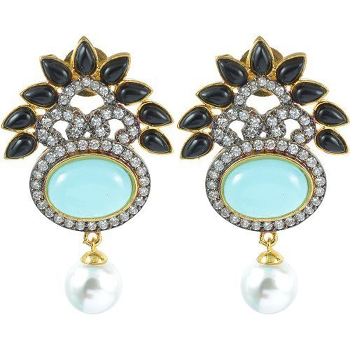 Designer Black Turquouse American Diamond Pearl Drop Earring Bulk