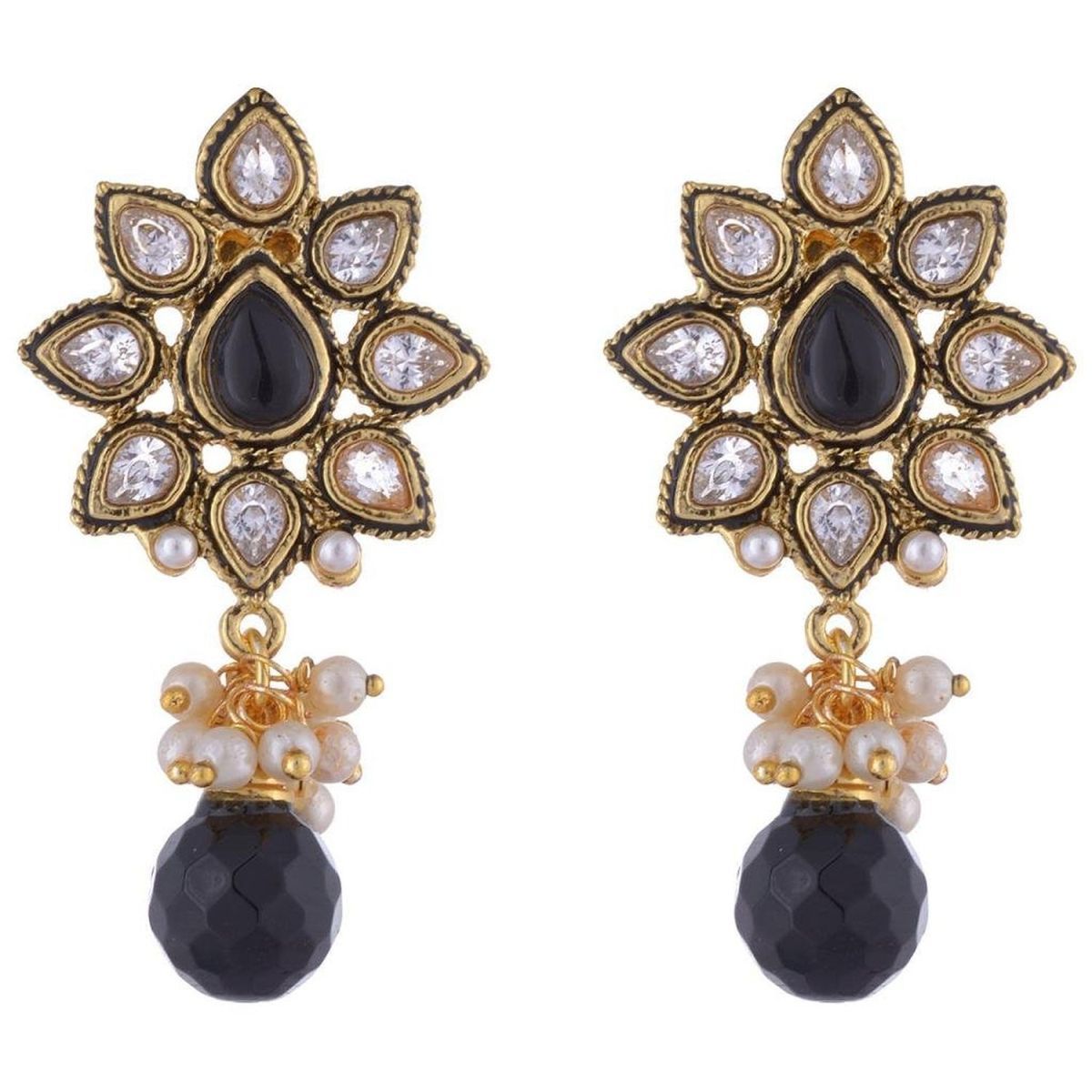 Kundan Flower Pearl Black Stone Meena Earring For Women Bulk