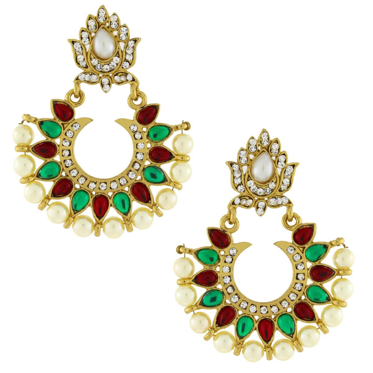 Red Green Stone Pearl American Diamond Chaand Bali Earring Women Bulk Secondary image