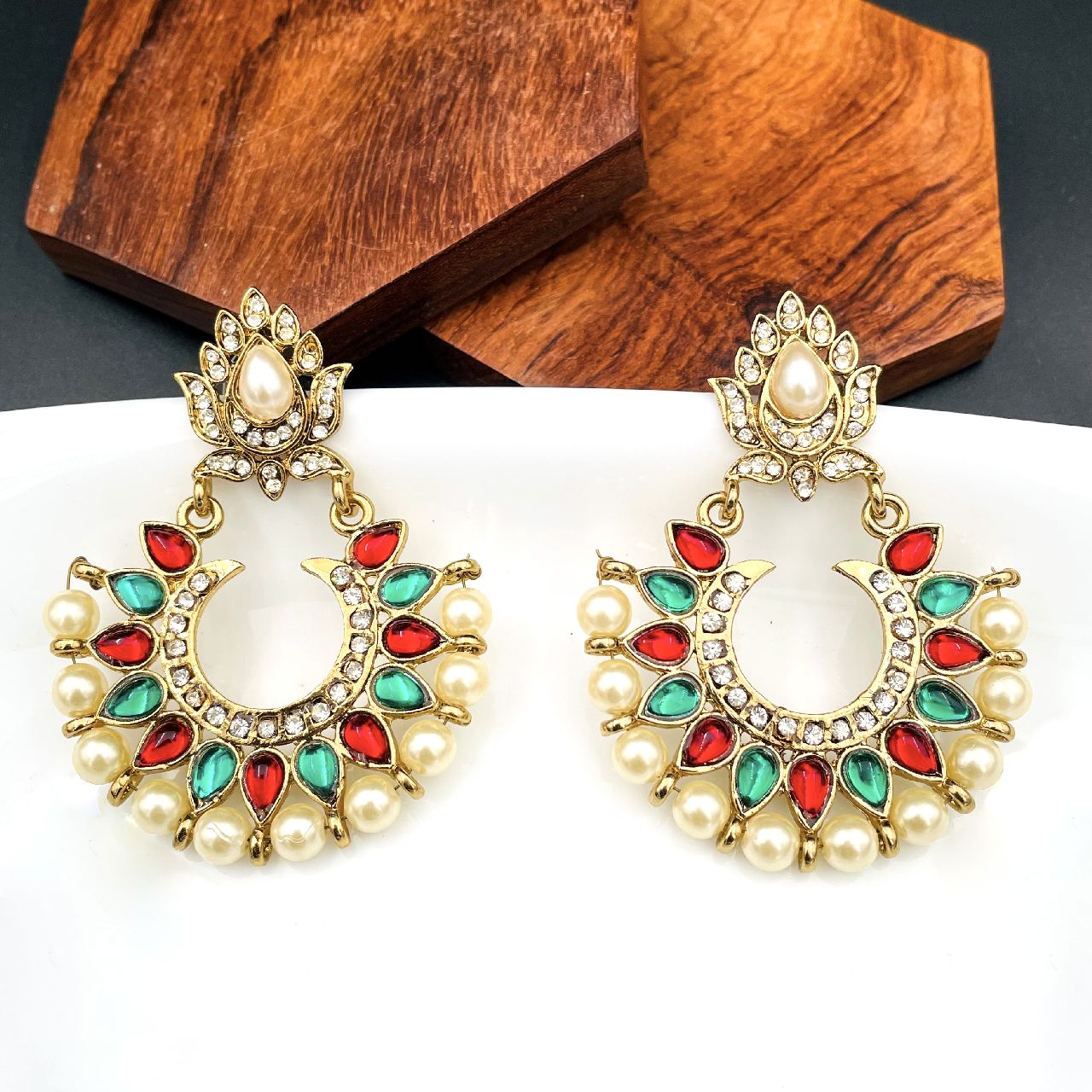 Red Green Stone Pearl American Diamond Chaand Bali Earring Women Bulk Main image