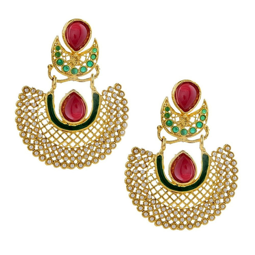 Chaand Red Green Gold Plated Pearl Bali Earring For Women Bulk