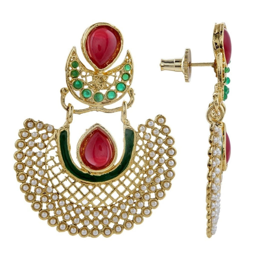 Chaand Red Green Gold Plated Pearl Bali Earring For Women Bulk